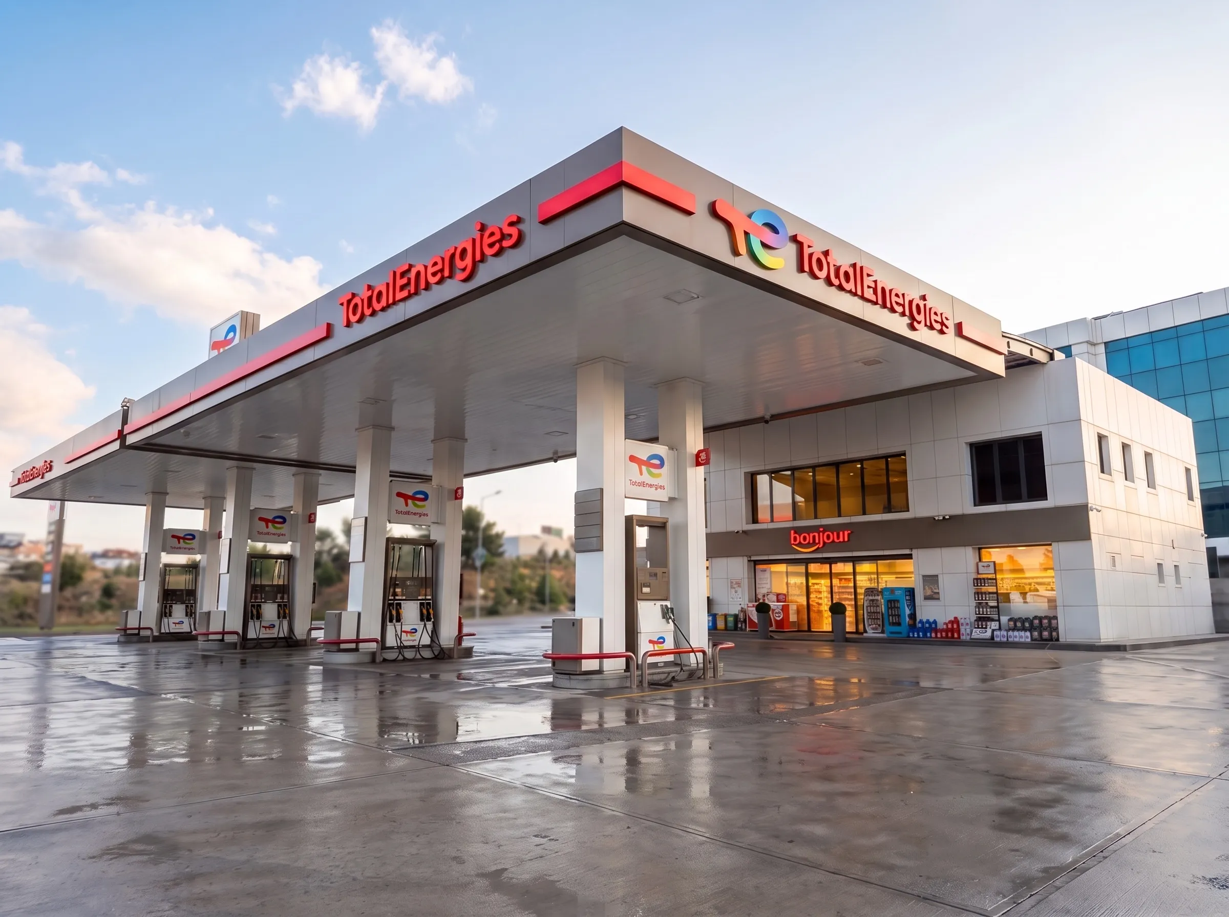 TotalEnergies kanopisi altında yakıt pompaları ve Bonjour market