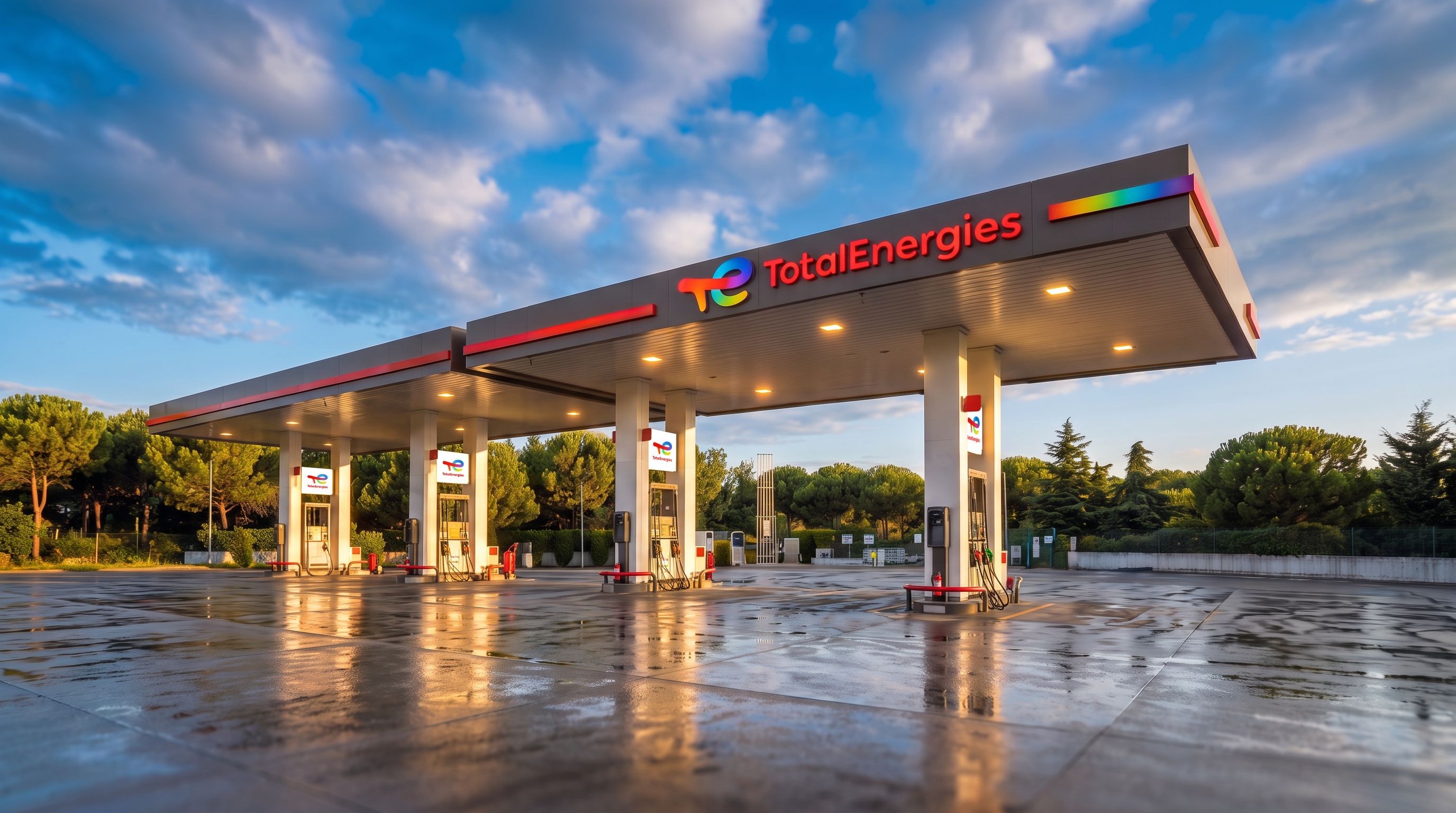 Zerbab Petrol TotalEnergies istasyonunun gün batımında kanopisi